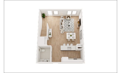 The Blockyard floor plan displaying one bedroom, 1.5 bathrooms, and a spacious living area