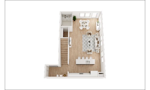 Floor plan of The Blockyard highlighting one bedroom, 1.5 bathrooms, and a spacious living room