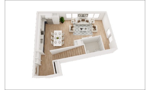 The Blockyard floor plan showcasing a bedroom, 1.5 bathrooms, and a large living space
